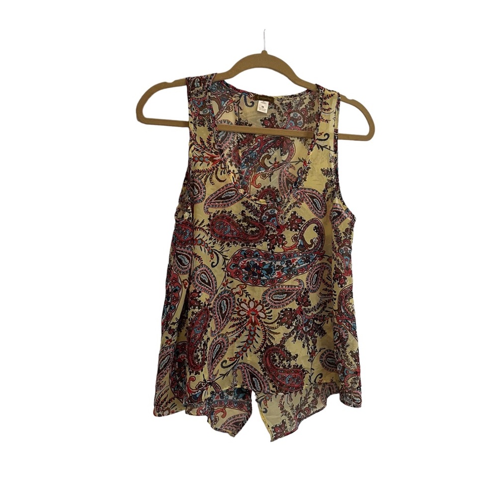 Copper Key Paisley Sheer Sleeveless Split Back Top Yellow Red Blouse Womens M
